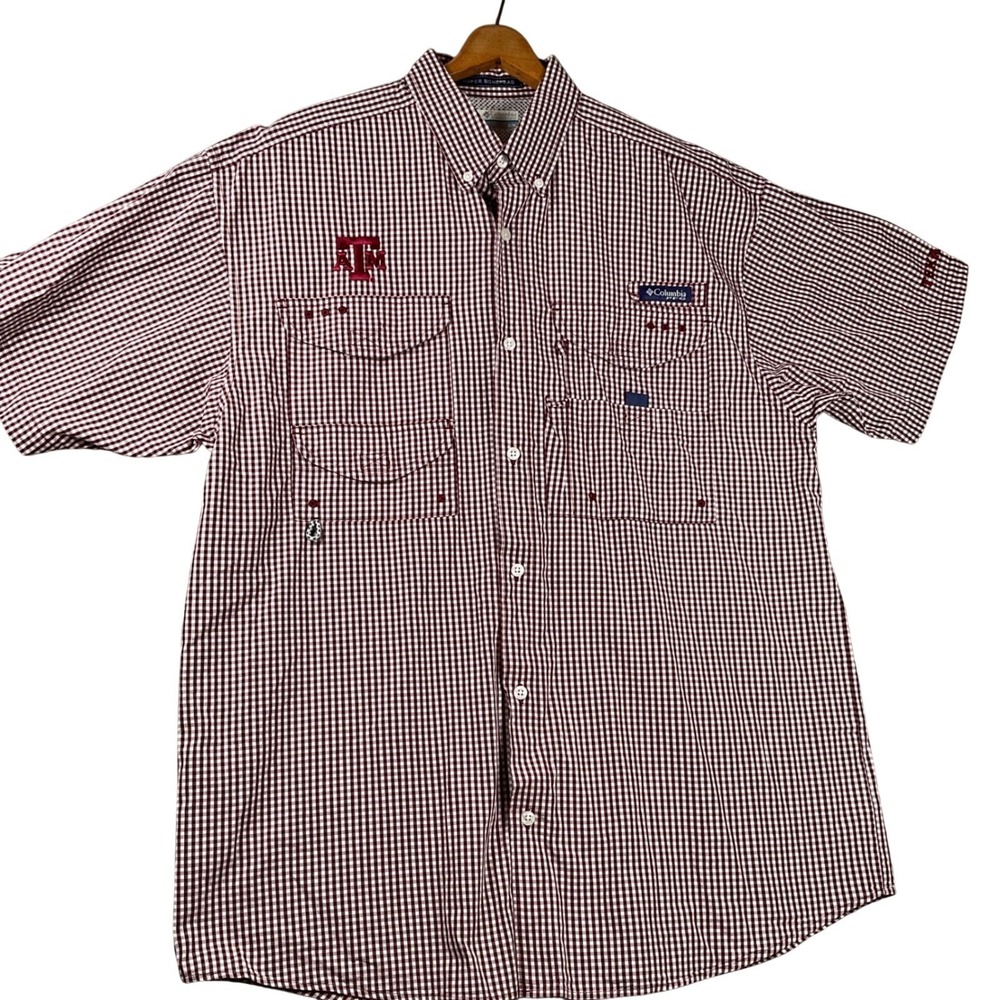 Columbia PFG Texas A&M Fishing Shirt Mens M Maroon Gingham Super Bonehead SS